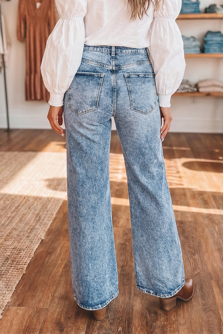 Fashion Beau Blue Acid Wash Pocket Detail Flare Jeans
