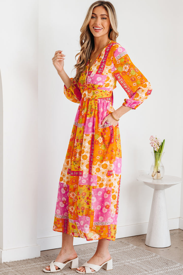 Orange Floral Print Cut out Tied Back Bracelet Sleeve Maxi Dress
