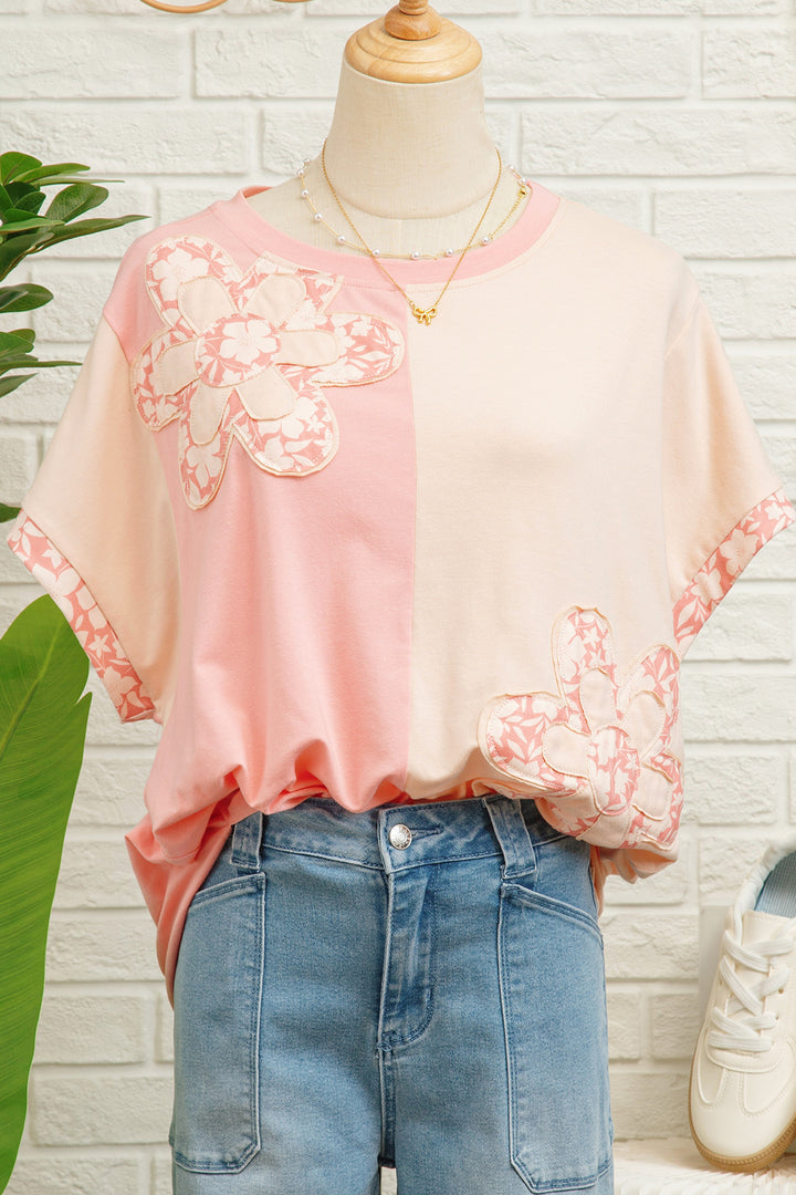 Apricot Color Block Flower Patched Loose T Shirt