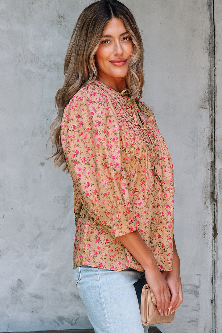 Floral Print Bow Pintuck Bust Half Puff Sleeve Blouse Top