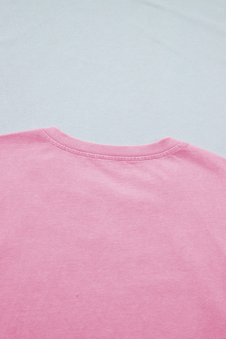 Pink Raw Cut Notched Neck Lace Patchwork Detail Mineral Wash Tee