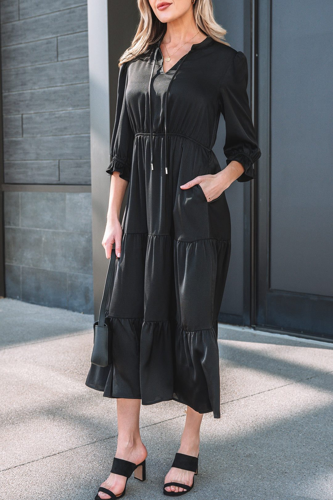 Flounced Bracelet Sleeve V Neck Tiered Maxi Dress
