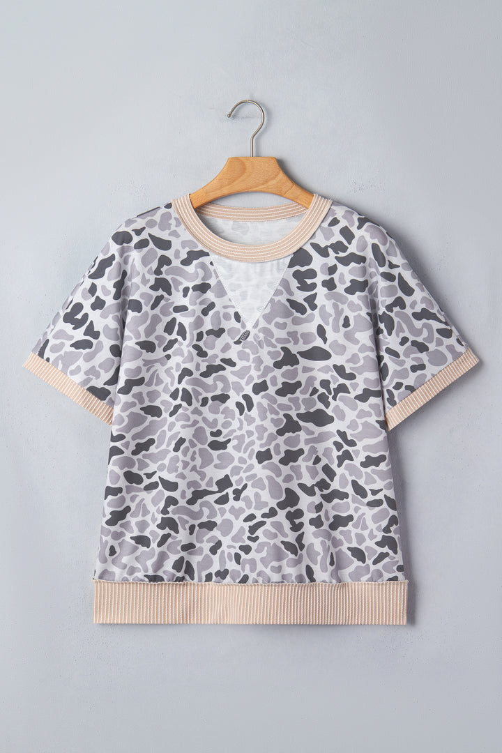 Gray Camouflage Print Twisted Ribbed Patchwork Casual T Shirt
