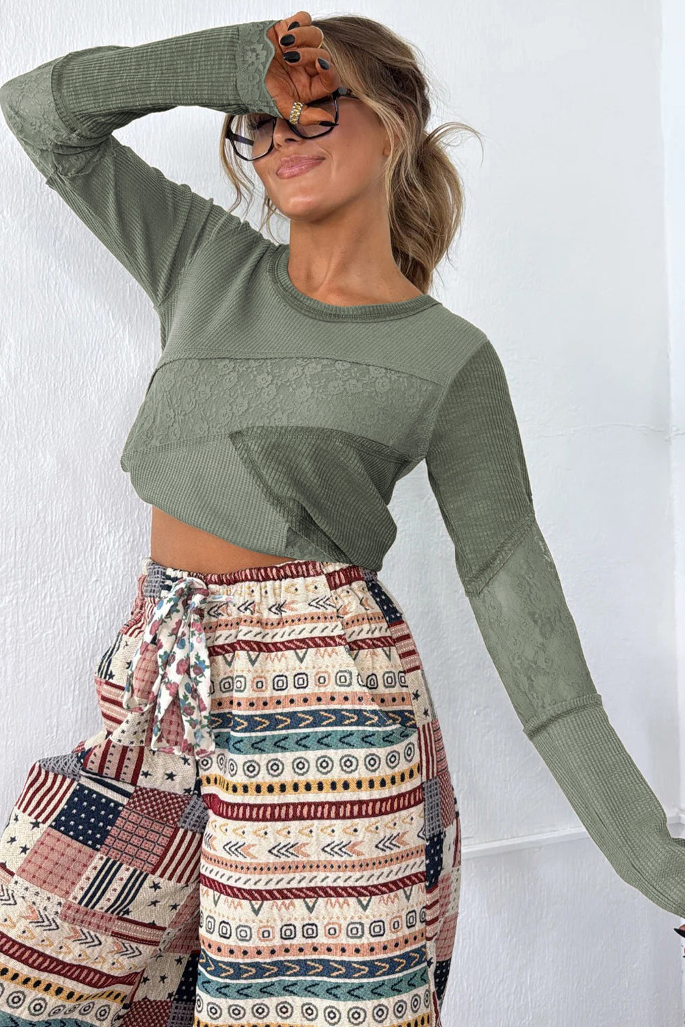 Solid Color Waffle Ribbed Lace Patchwork Long Sleeve Top