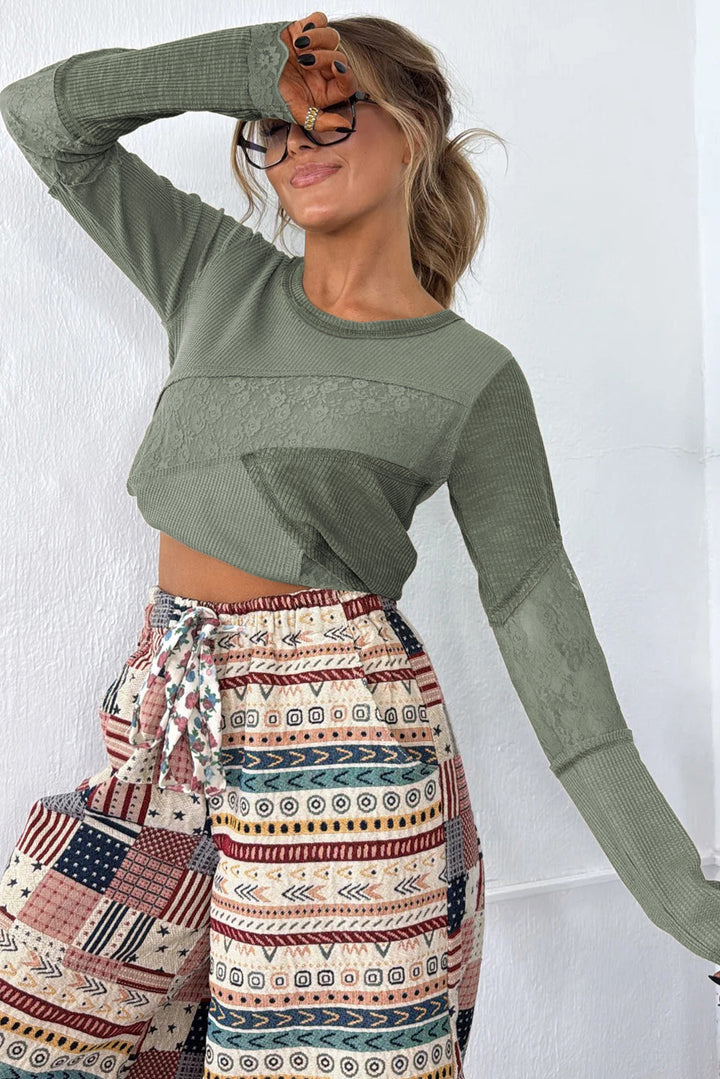 Solid Color Waffle Ribbed Lace Patchwork Long Sleeve Top
