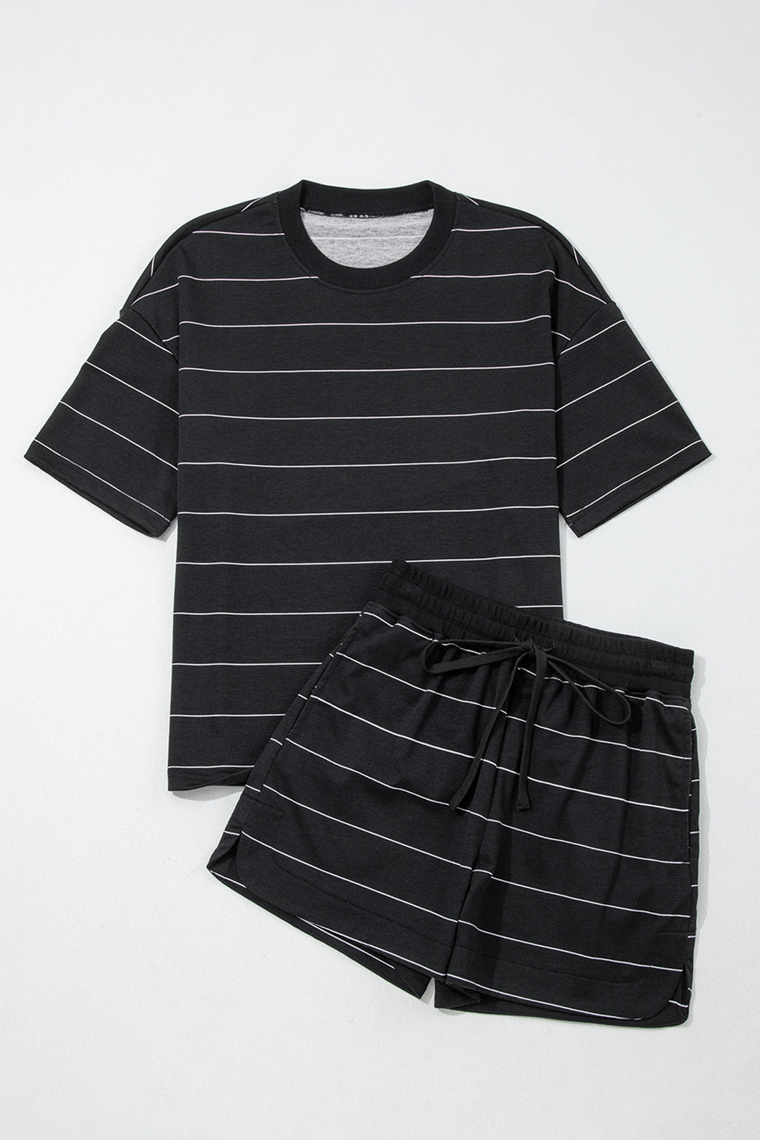 Black Stripe Half Sleeve Tee Drawstring Shorts 2pcs Set