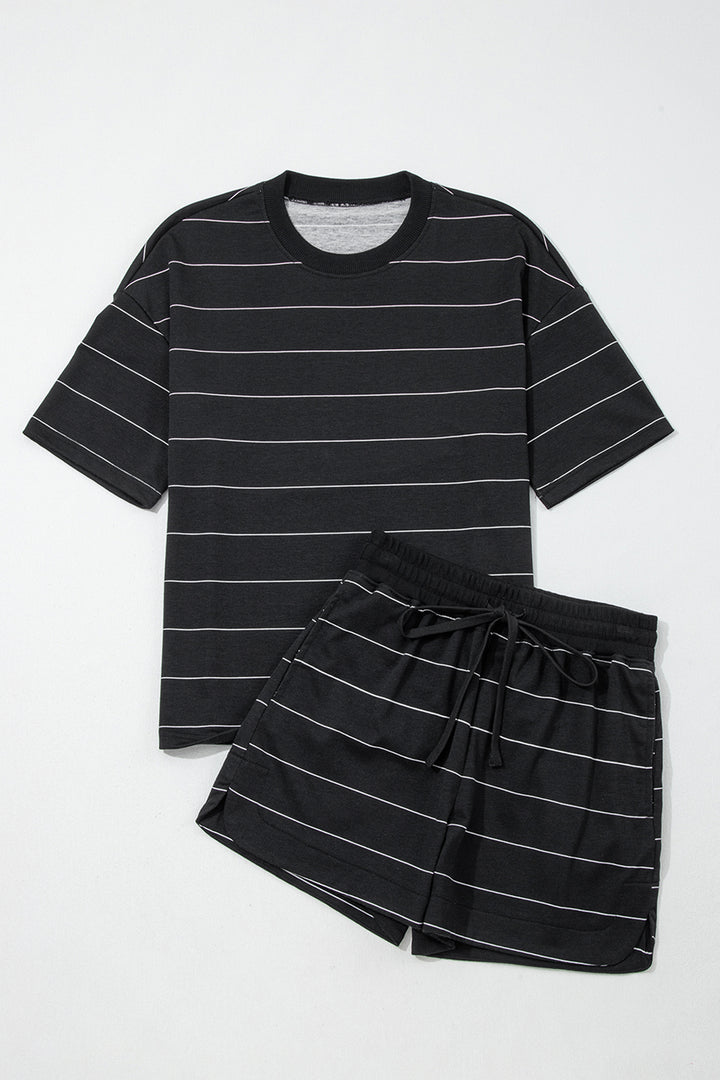 Black Stripe Half Sleeve Tee Drawstring Shorts 2pcs Set
