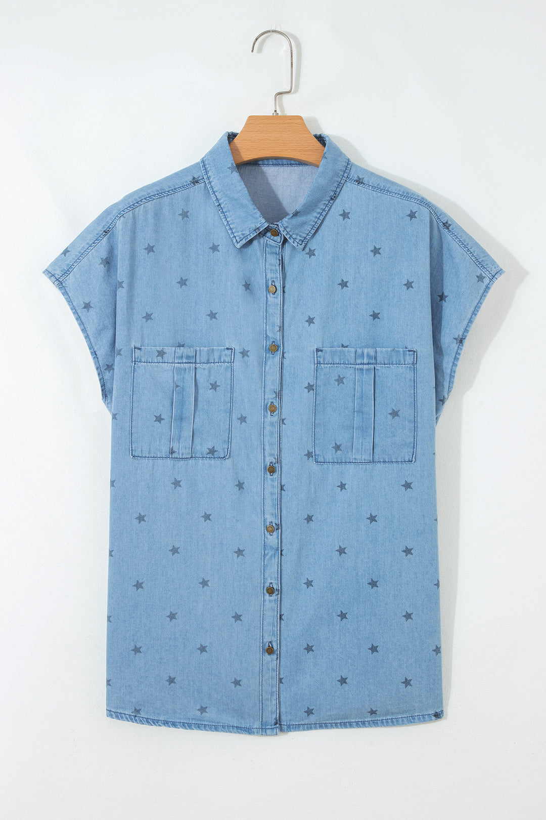 Star Allover Print Double Chest Pocket Short Sleeve Denim Shirt