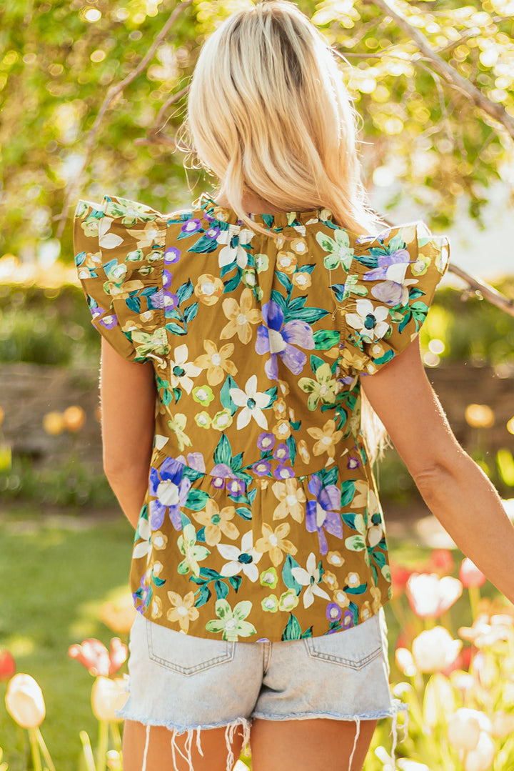 floral print tiered flutter sleeve v neck top