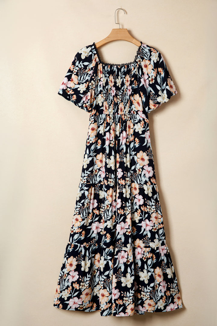 Short Sleeve Smocked Detail High Waist Floral Maxi Dress