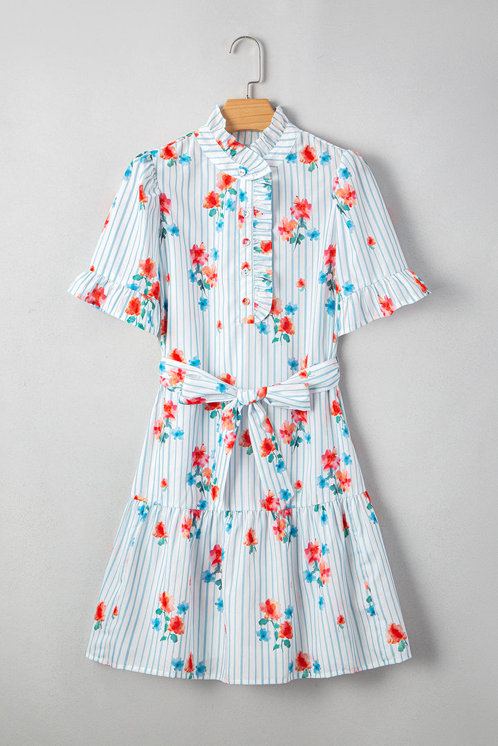 floral pattern ruffle short sleeve belted mini dress