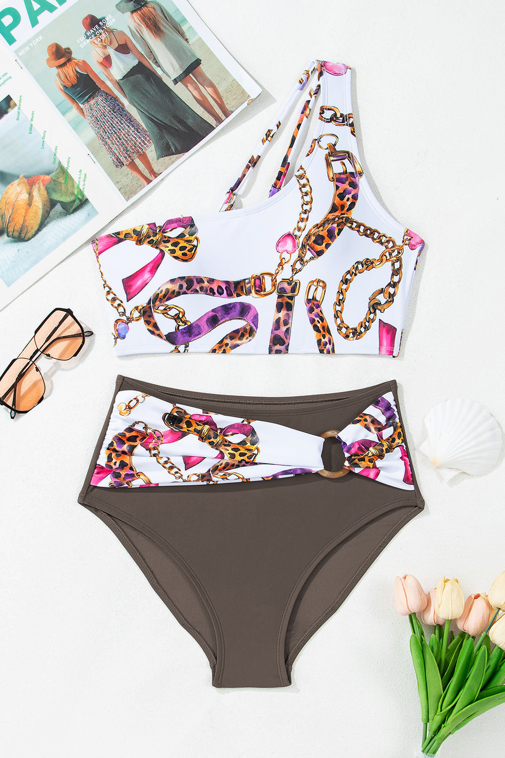 abstract print one shoulder ring linked high waist bikini