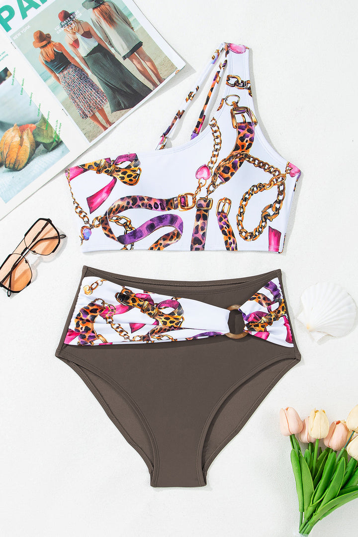 abstract print one shoulder ring linked high waist bikini