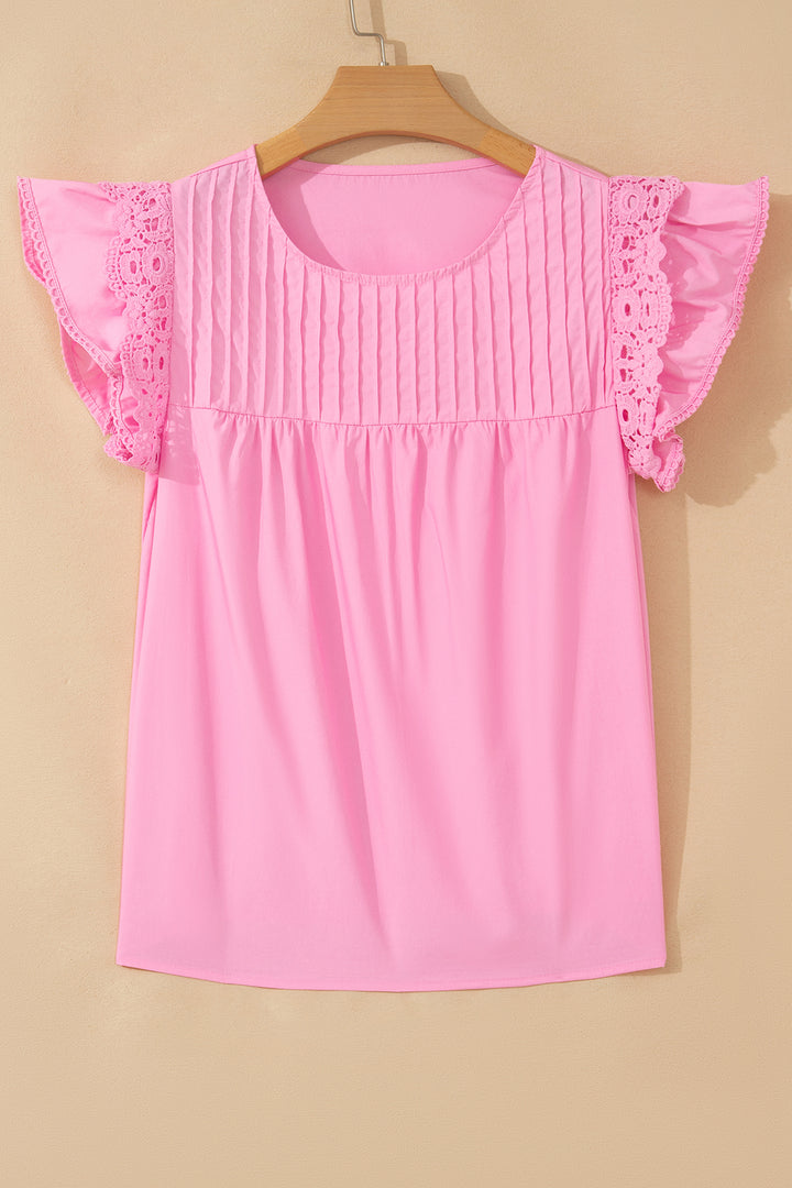 Bonbon Lace Detail Flutter Sleeve Pleated Round Neck Blouse
