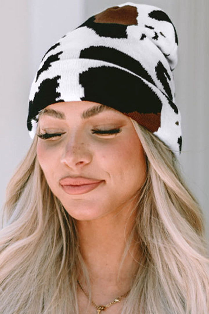Warme Beanie-Mütze mit Kuhflecken-Print