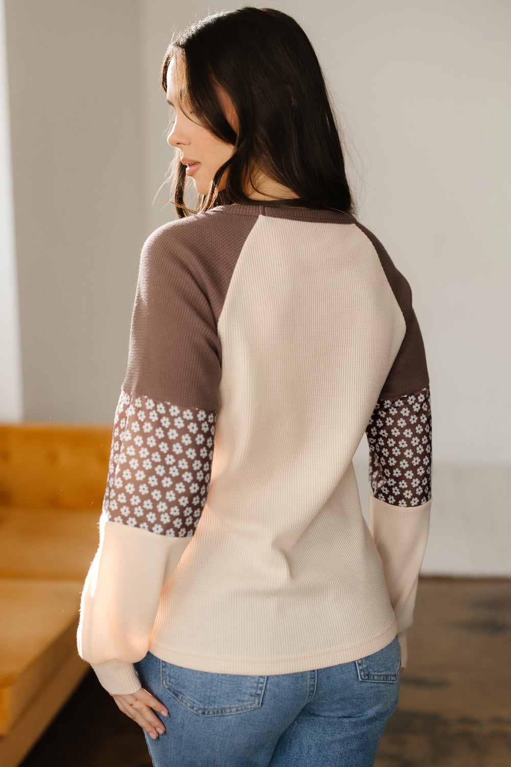 Floral Print Patchwork Color Block Long Sleeve Top