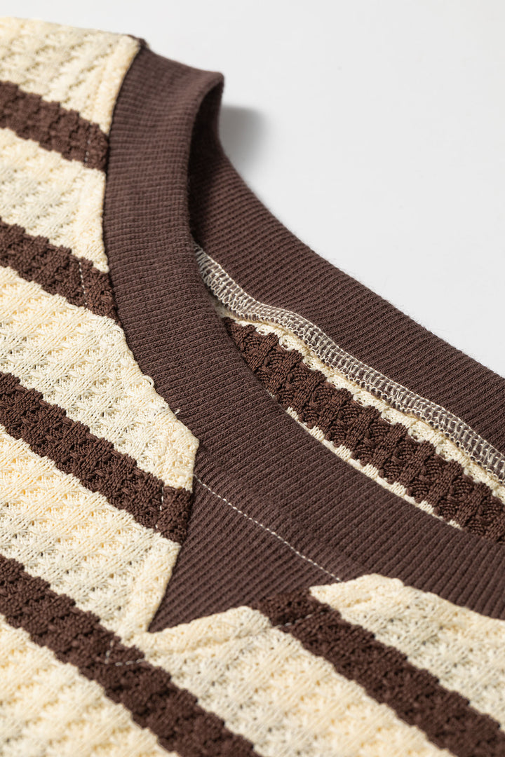 Brown Stripe Patchwork Ribbed Cuff Casual Pullover Sweatshirt