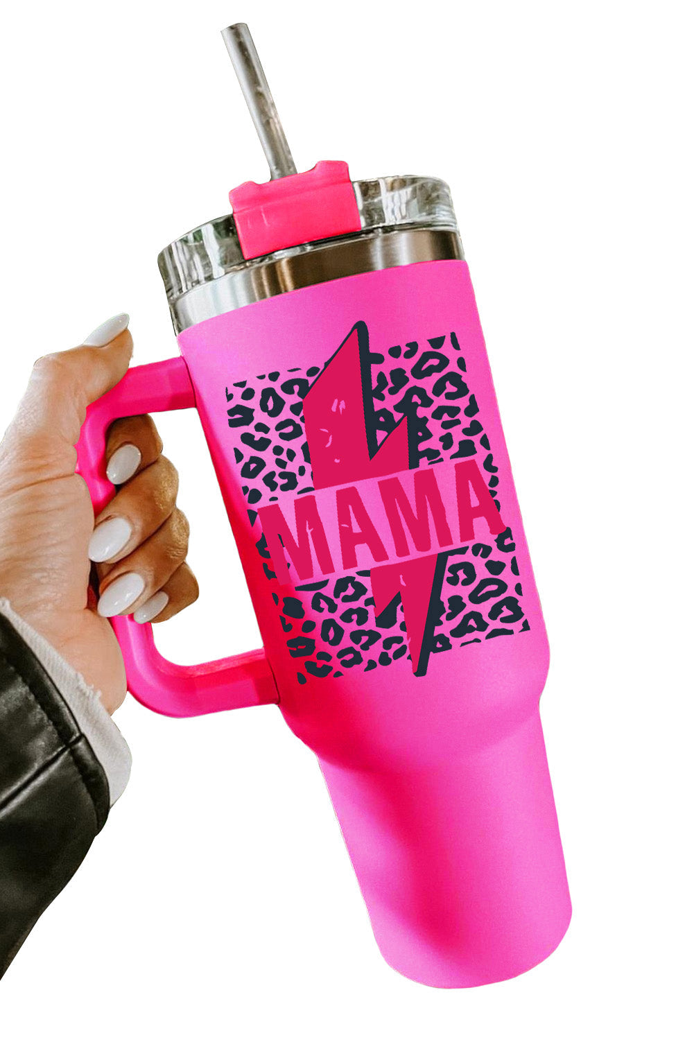 Tasse isotherme en acier inoxydable avec paille à imprimé léopard Mama Lightning, 1 134 ml