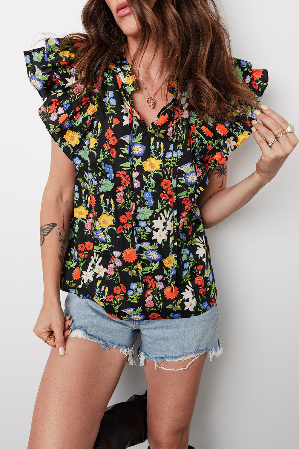 Tiered Flutter Sleeve V Neck Flower Blouse