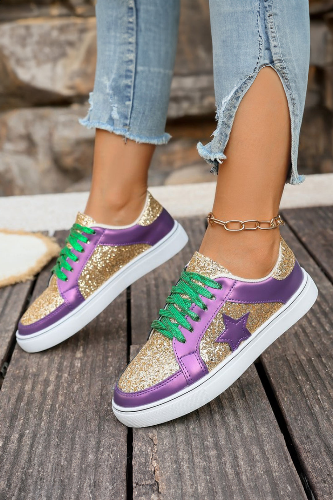 Dearlove Glitter Star Patchwork PU Leather Lace-up Sneakers