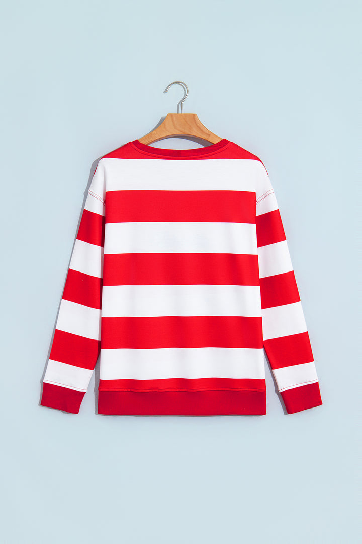 Red Stripe holly jolly Letter Embroidered Pullover Sweatshirt