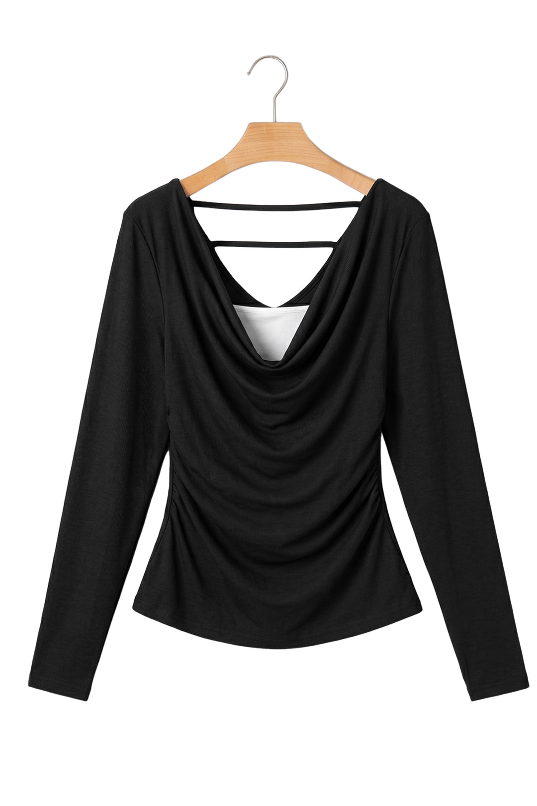 Black Color Block Drape V Neck Pleated Long Sleeve Top