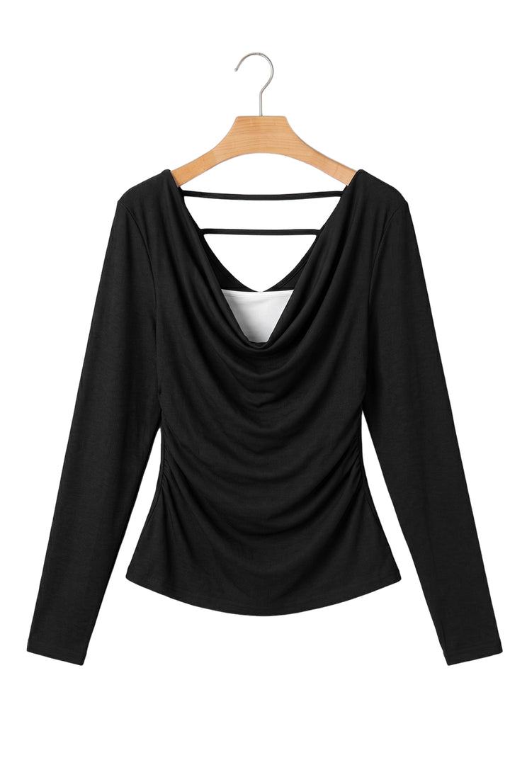 Black Color Block Drape V Neck Pleated Long Sleeve Top