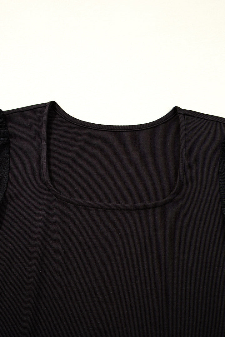 Black Polka Dot Mesh Puff Sleeve Patchwork Ribbed Square Neck Slim Top