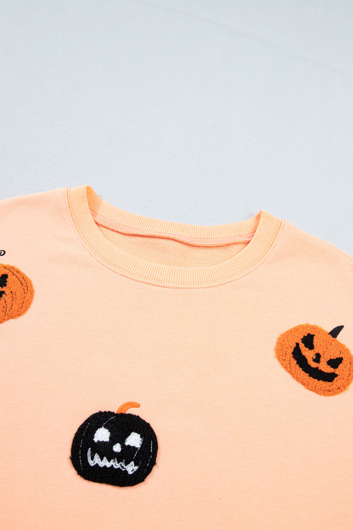 Orange Embroidered Pumpkin Face Drop Shoulder Sweatshirt