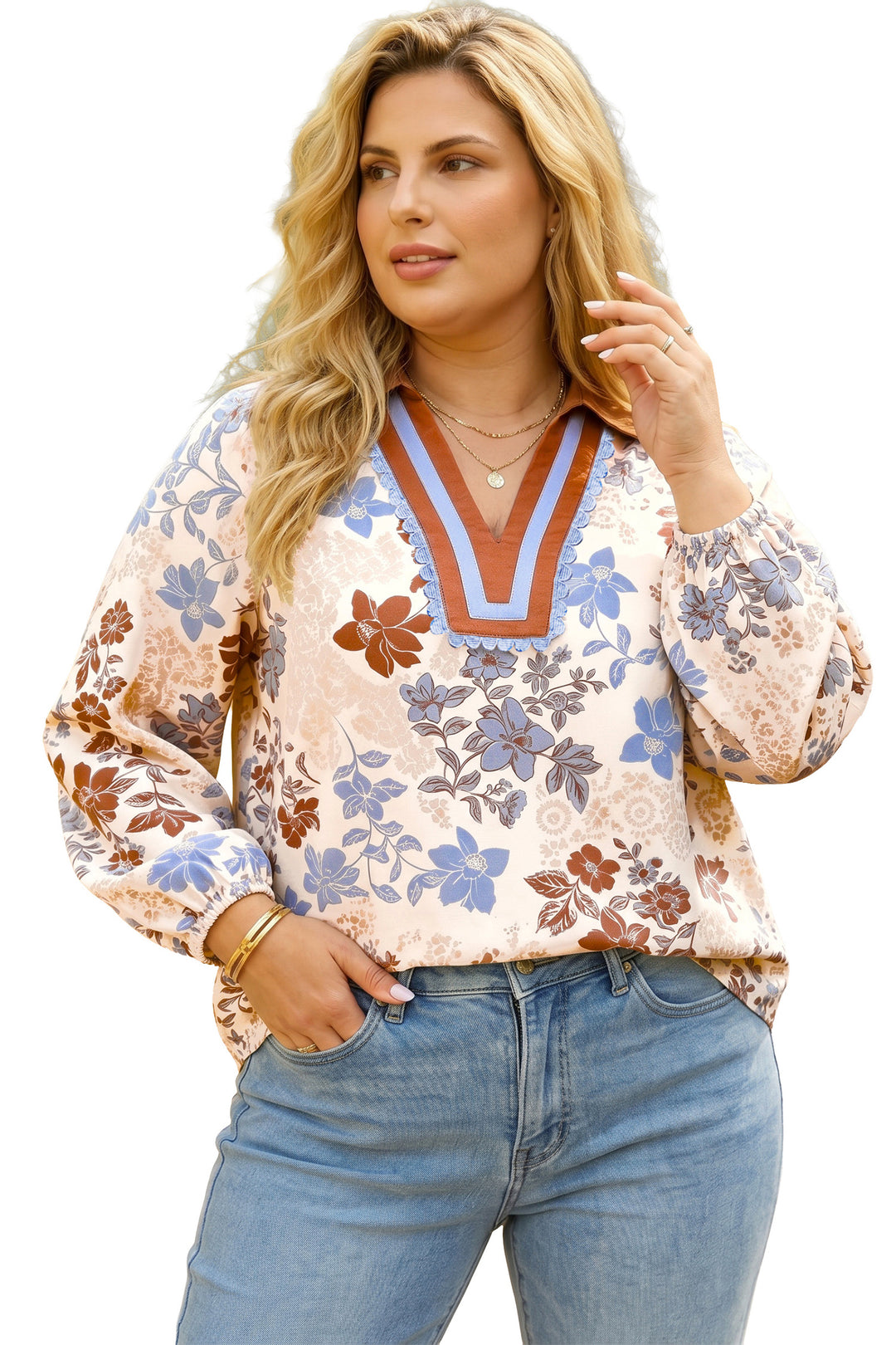 White Plus Size Floral Print V Neck Long Sleeve Blouse