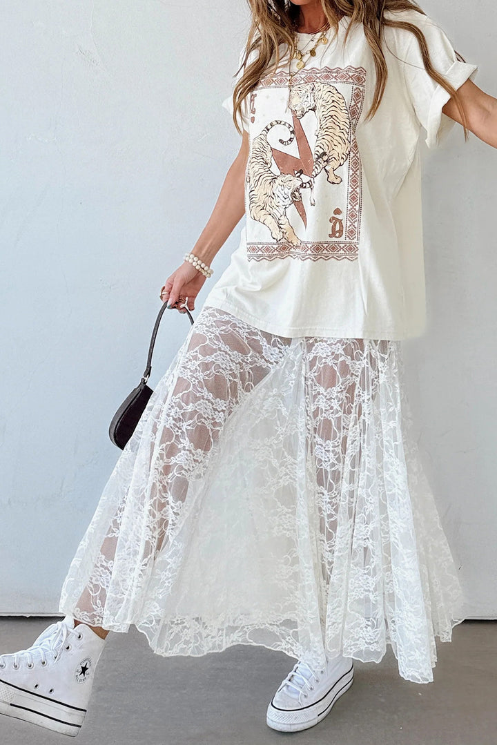 Chic White Sheer Floral Lace Flowy Maxi Skirt