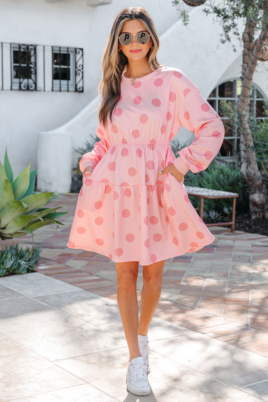 Polka Dot Printed Long Sleeve Flared Mini Dress