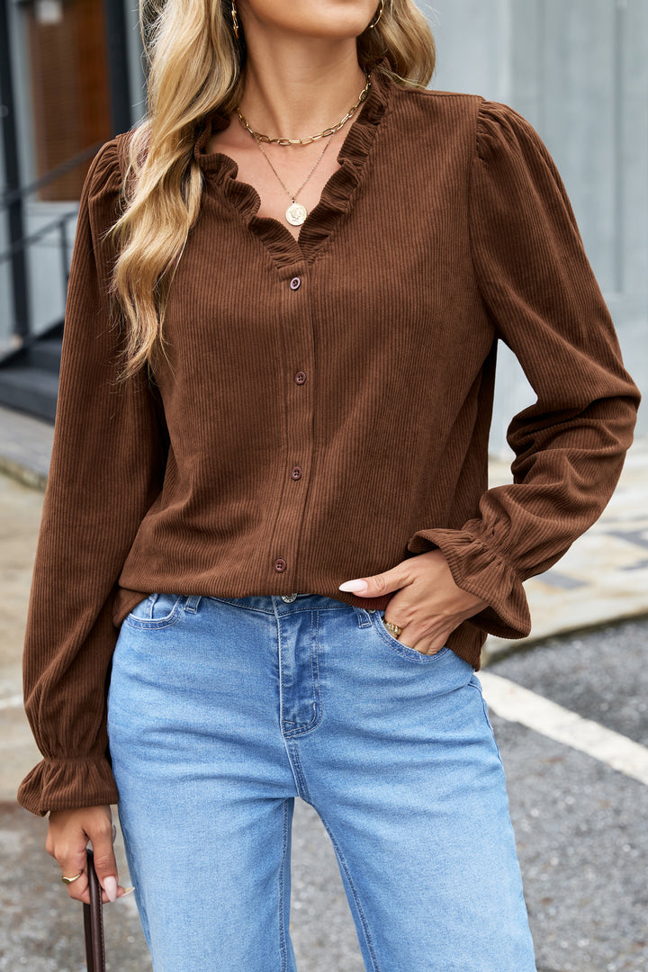 Coffee Solid Color Long Sleeve Button Corduroy Shakcet
