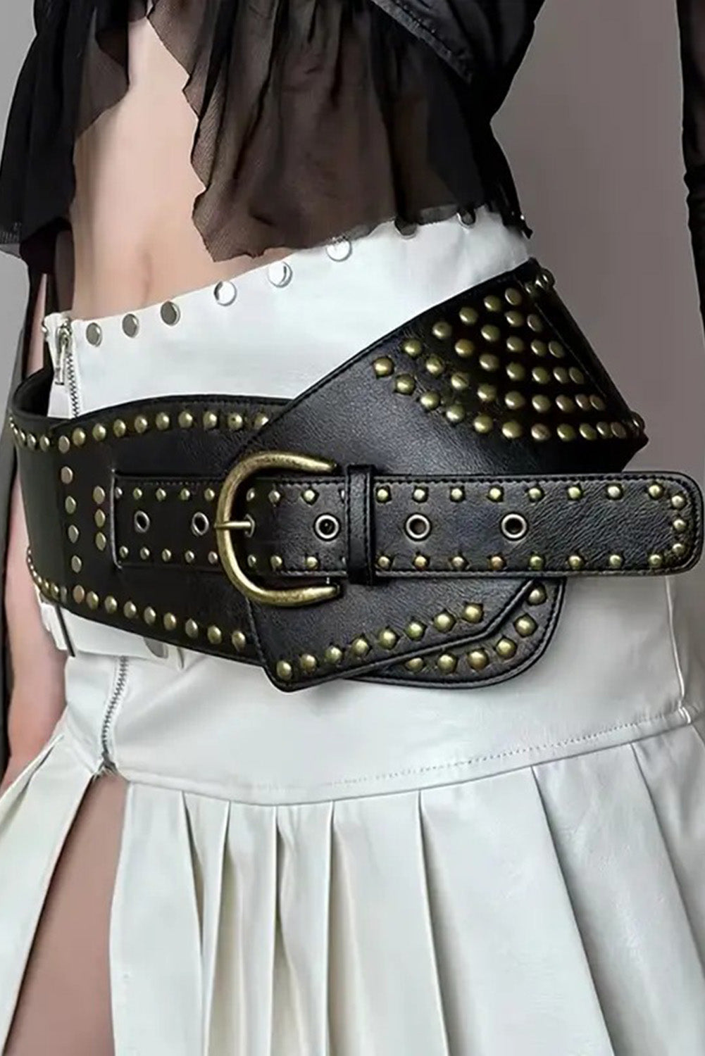 Ceinture large en cuir PU clouté à rivets rétro