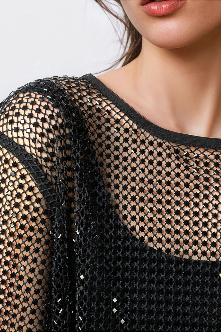 Black Rhinestone Mesh Round Neck Raw Hem T Shirt
