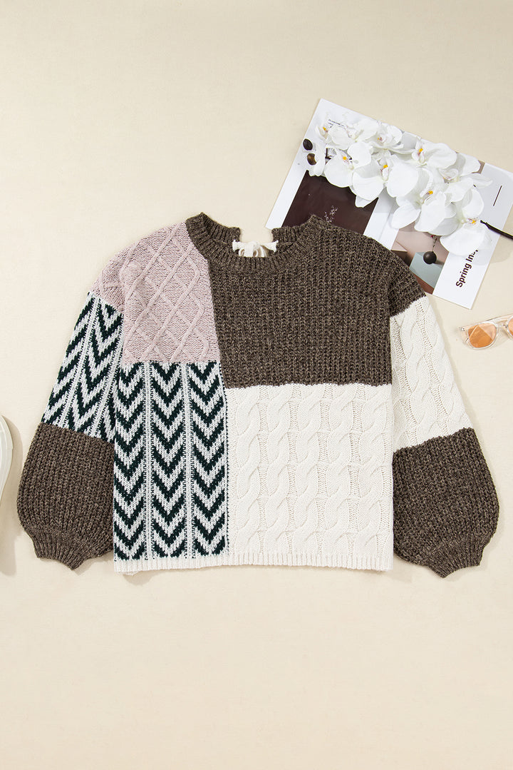 Brown Plus Size Color Block Patchwork Knotted Back Loose Fit Sweater