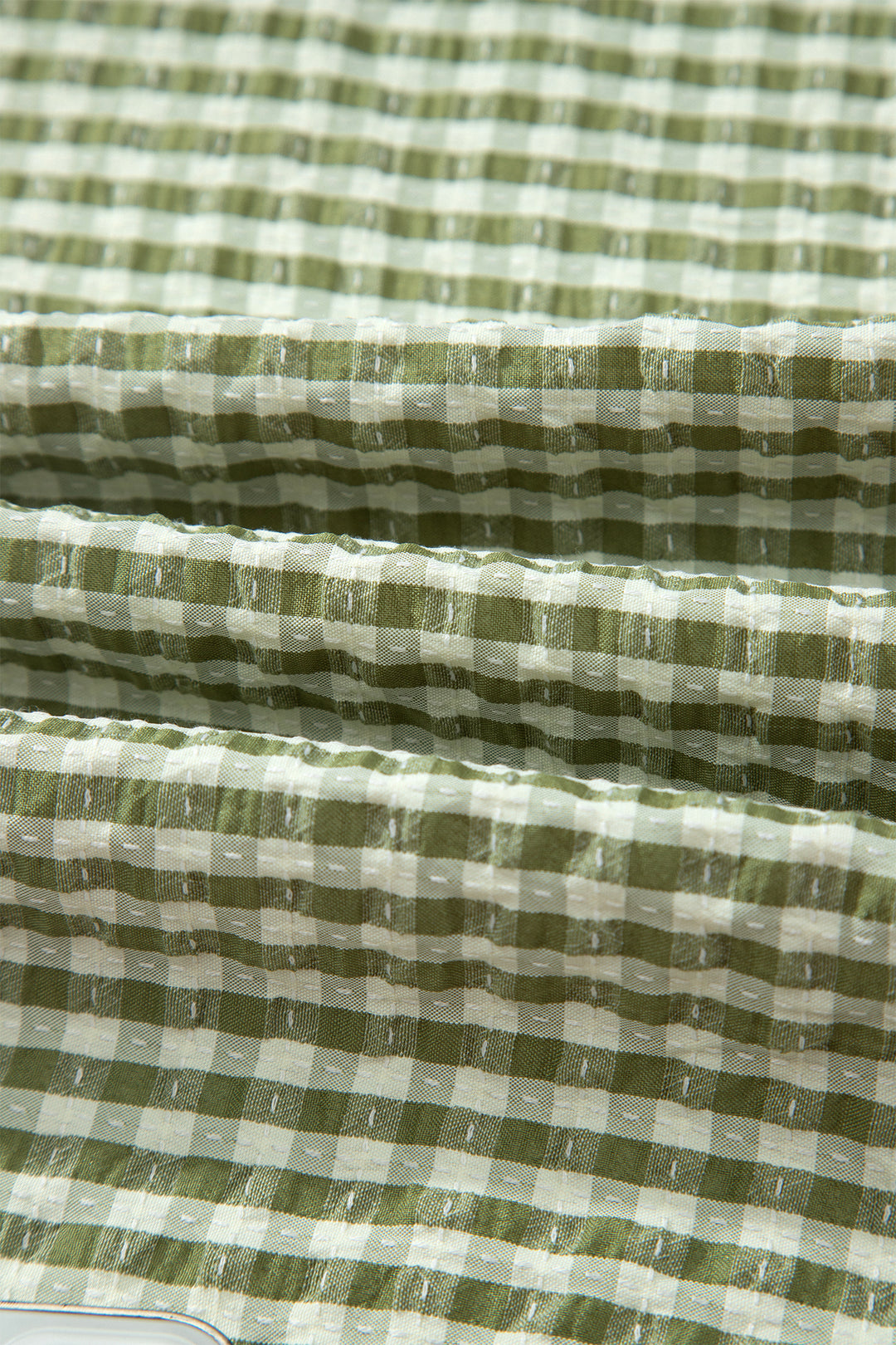 Green Plaid Short Sleeve Colorblock Trim Split Neck Blouse