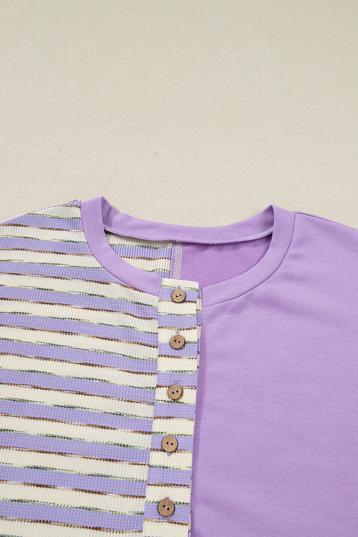 Purple Stripe Patchwork Buttoned Drop Shoulder Plus Size Pullover