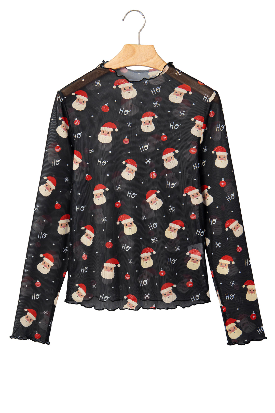 Black Santa Print Sheer Stand Neck Long Sleeve Top