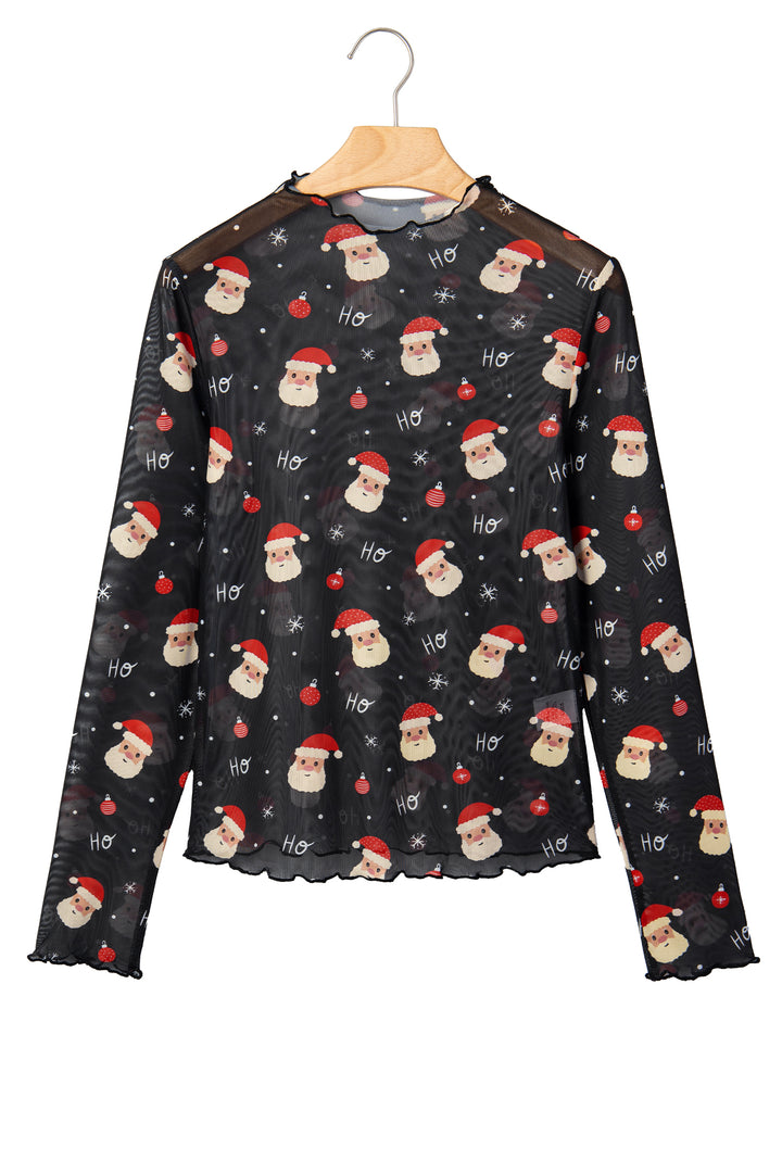Black Santa Print Sheer Stand Neck Long Sleeve Top