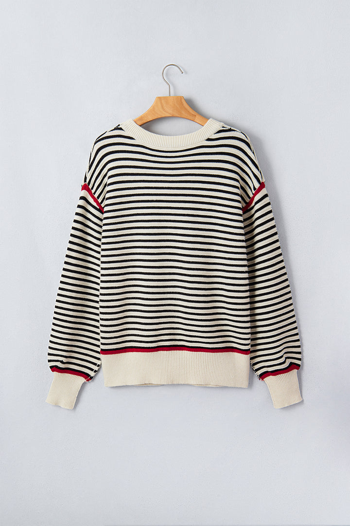 Black Stripe Ribbed Trim Drop Shoulder Oversized Sweater