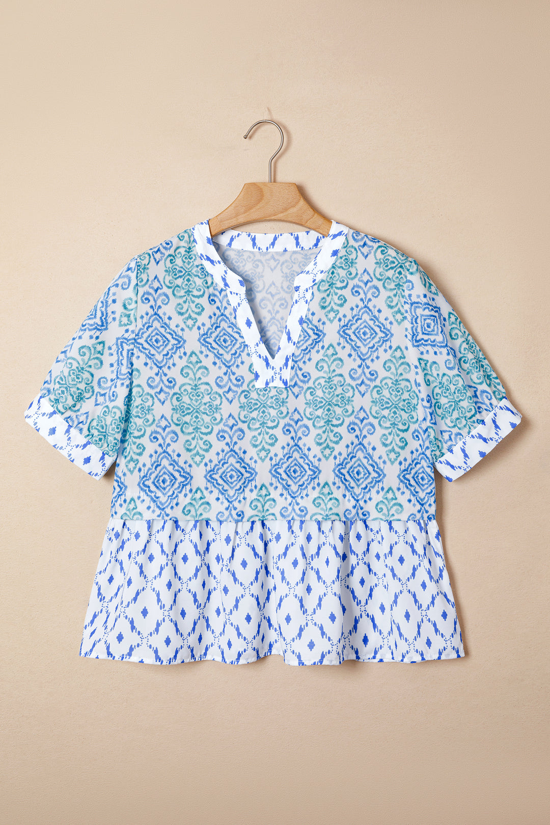 Sky Blue Boho Floral Geometric Patchwork Short Puff Sleeve Babydoll Blouse