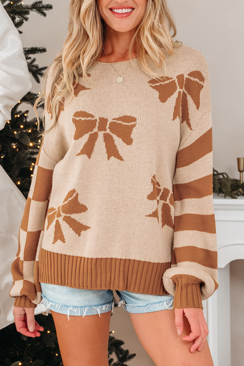 Ribbon Bow Print Checkered Striped Sleeve Drop Shoulder Sweater