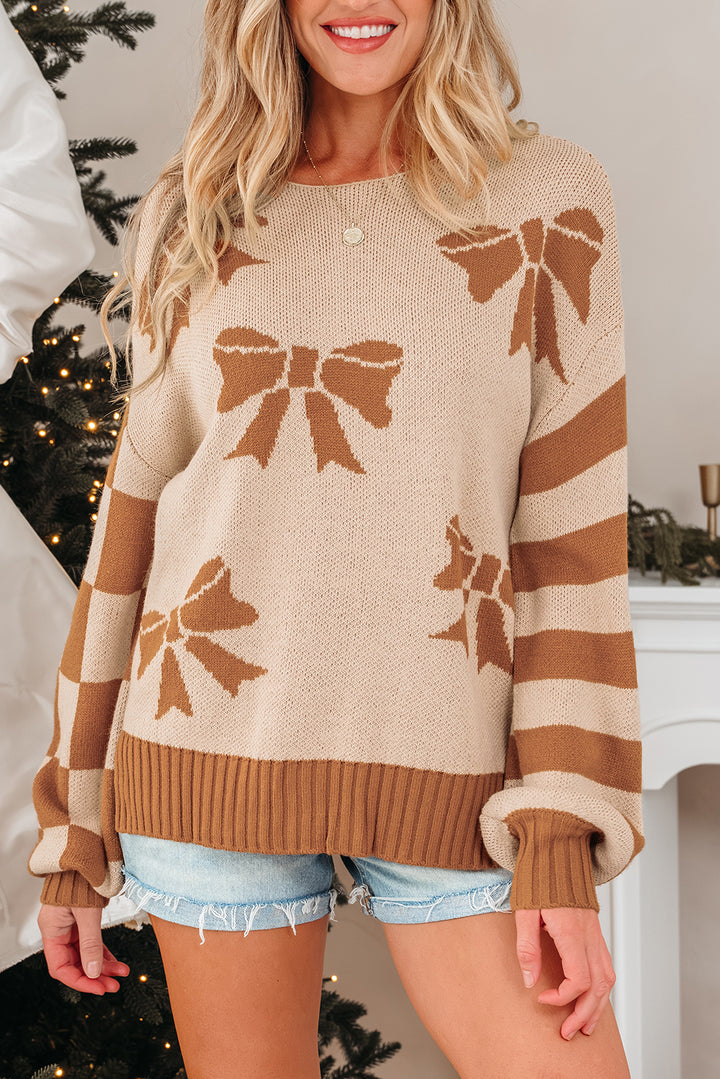 Ribbon Bow Print Checkered Striped Sleeve Drop Shoulder Sweater