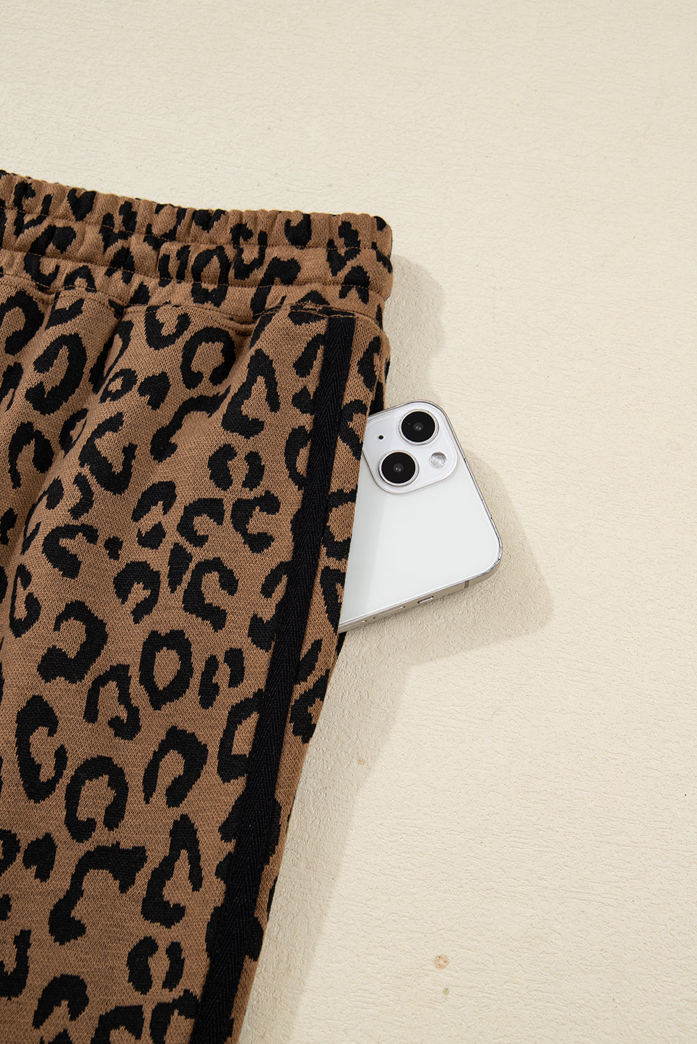 Brown Varsity Striped Trim Leopard Long Sleeve Top Drawstring Pant Set
