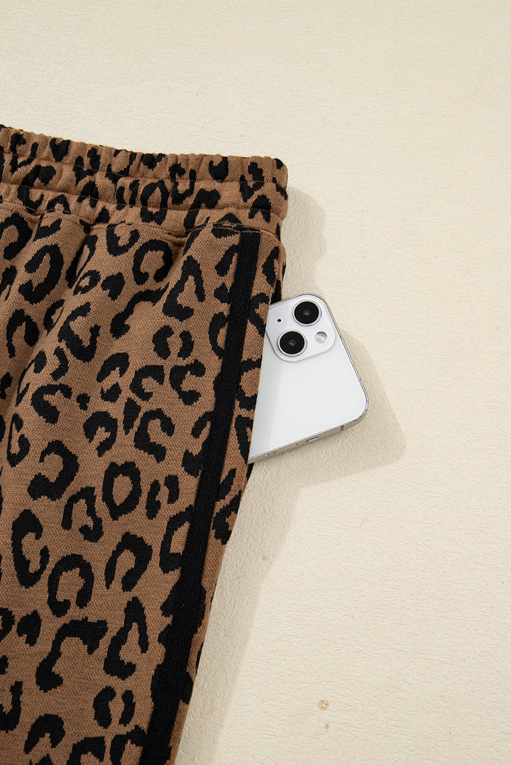 Brown Varsity Striped Trim Leopard Long Sleeve Top Drawstring Pant Set