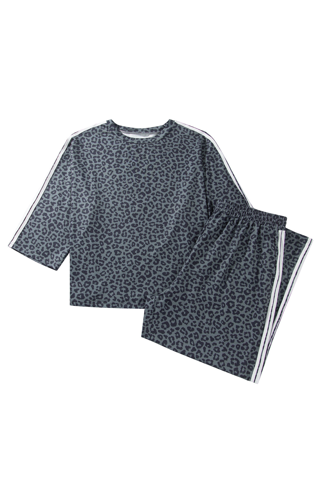 Gray Leopard Print Bracelet Sleeve Top Plus Size Loose Pants Set