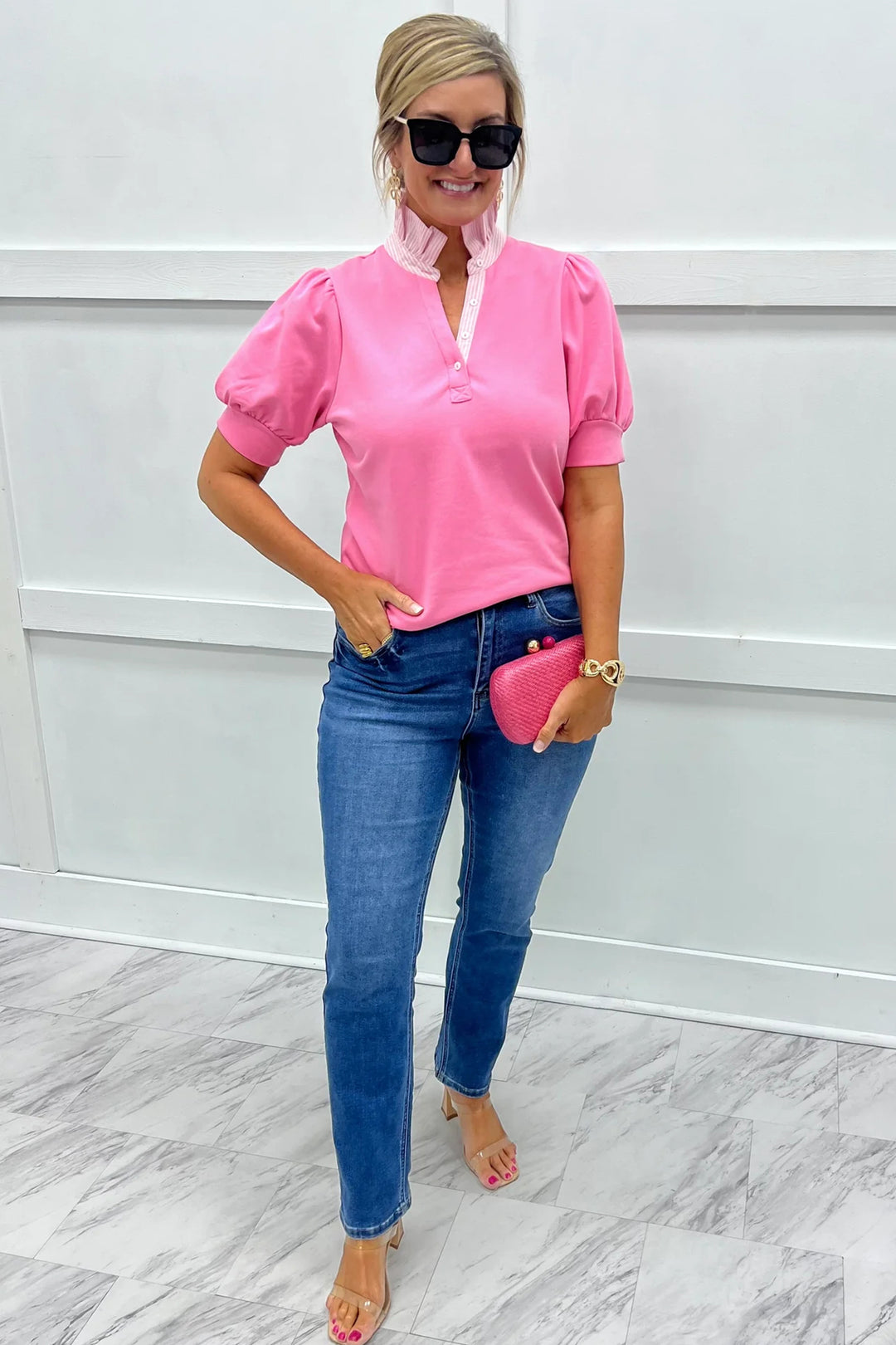 Sachet Pink Striped Frilled Collar Short Sleeve Blouse