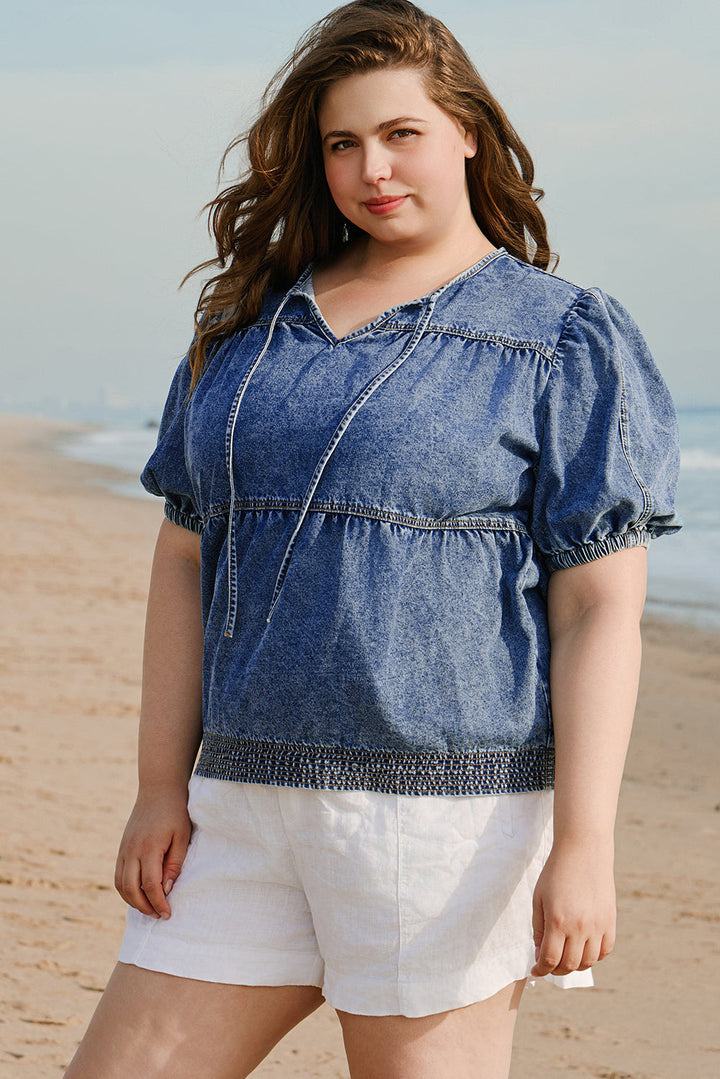 Plus Drawstring V Neck Puff Sleeve Denim Blouse