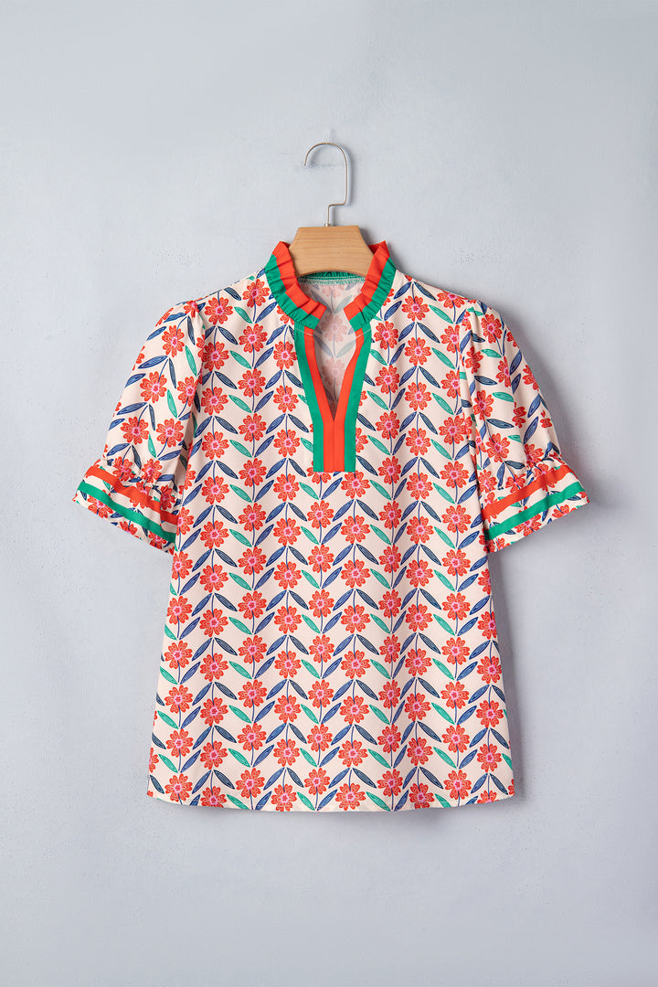 Floral Print Striped Detail V Neck Ruffled Short Sleeve Blouse